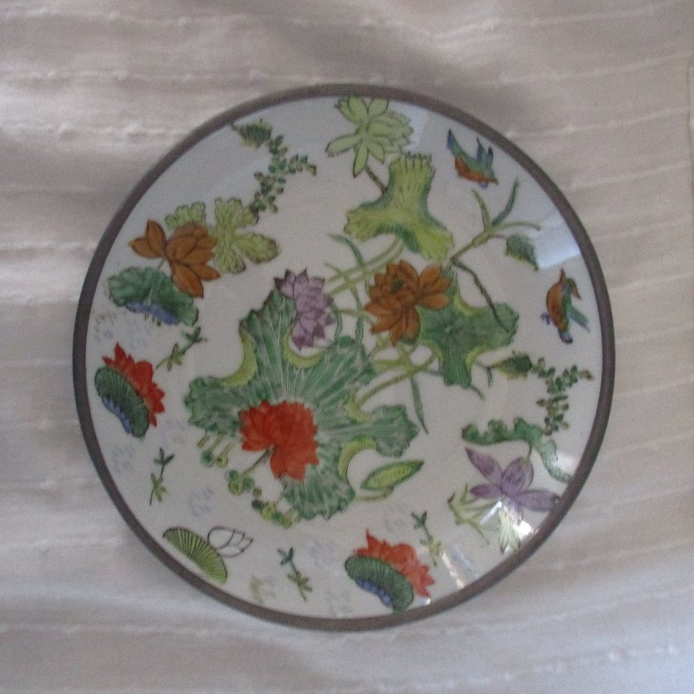 Vtg Japanese porcelain & pewter bowl